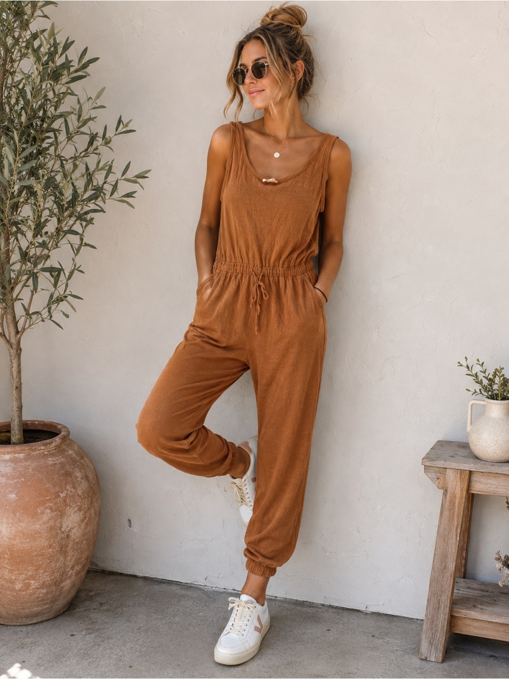 Roolee Terracotta Drawstring Jogger Jumpsuit Sleeveless Pocketed Casual Lounge B